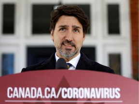 Canada's Prime Minister Justin Trudeau attends a news conference at Rideau Cottage as efforts continue to help slow the spread of coronavirus disease (COVID-19) in Ottawa, Ontario, Canada March 27, 2020.