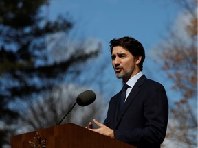 Canada's Prime Minister Justin Trudeau gives a speech at a news conference at Rideau Cottage in Ottawa, Ontario, Canada March 13, 2020. REUTERS/Blair Gable