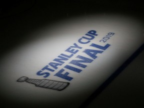 A general view of the Stanley Cup logo before a game between the Boston Bruins and the St. Louis Blues in Game 2 of the 2019 Stanley Cup Final at TD Garden in Boston on May 29, 2019.