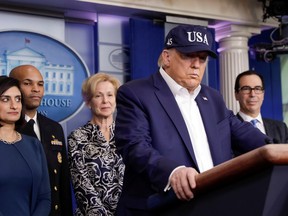 U.S. President Donald Trump speaks at a press briefing with members of the Coronavirus Task Force at the White House in Washington, U.S., March 14, 2020.