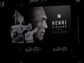 The Canadiens honour the late Henri Richard with video tribute before NHL game against the Nashville Predators at the Bell Centre in Montreal on March 10, 2020.