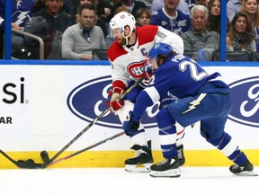 Montreal Canadiens defenseman Shea Weber (6) skates with the puck as Tampa Bay Lightning centre Brayden Point (21) defends during the second period at Amalie Arena.