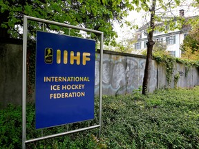 The logo of the International Ice Hockey Federation (IIHF) is seen in front of its seat in Zurich on April 26, 2016.