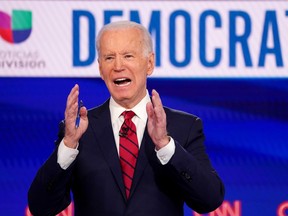 Democratic U.S. presidential candidate and former Vice President Joe Biden speaks during the 11th Democratic candidates debate of the 2020 U.S. presidential campaign, held in CNN's Washington studios without an audience because of the global coronavirus pandemic, in Washington, U.S., March 15, 2020.