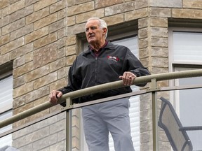 Former Montreal Alouettes star Peter Dalla Riva on the balcony of his home in Pointe-Claire on April 2, 2020. Dalla Riva and his wife are in isolation after their return home from Florida.