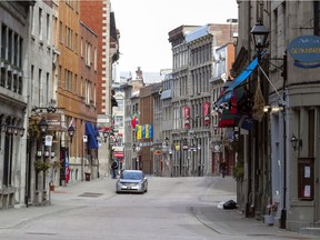 The sidewalks of St-Paul St. in the heart of Old Montreal are empty on March 19, 2020, because of the COVID-19 crisis.