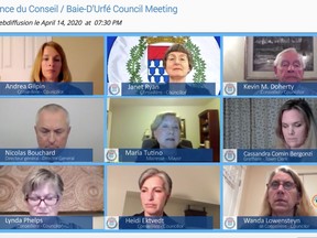 A screen grab from the Baie-D'Urfé  council meeting that was webcast on April 14. The Town of Baie-D'Urfé invited citizens to submit their questions by filling out a form online before the meeting.