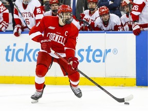 Yanni Kaldis looks toward goal during the Cornell men's hockey team's 2-0 victory over Boston University in the biennial Red Hot Hockey event on Nov. 30, 2019 at Madison Square Garden in New York.