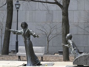 The statue of Marguerite Bourgeoys near the Palais de Justice in Montreal, as seen on Tuesday April 14, 2020: Born on April 17, 1620, Bourgeoys was Montreal's first educator.