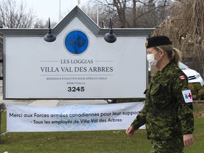 Lt.-Cmdr. Heather Galbraith leaves the CHSLD Villa Val des Arbres in Laval after meeting with staff on Sunday. “We get a sense that the general staff are working super hard in every institution,” says Galbraith, a physician with the Royal Canadian Navy. “They’re just overwhelmed."