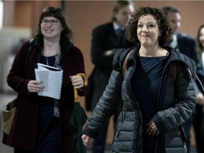 Borough Mayor Sue Montgomery and her chief of staff, Annalisa Harris, left, are seen leaving the Montreal courthouse in March. "Two courageous women have been forced to battle alone," writes Tom Mulcair.