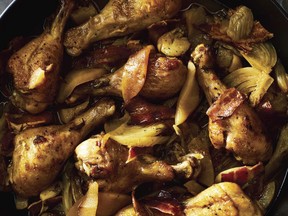Tyler Kord says his recipe for cider-braised drumsticks with bacon, fennel and apples amounts to a “super simple stew.”