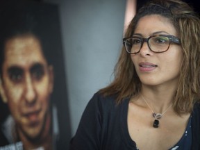 Ensaf Haidar. the wife of Saudi Arabian blogger Raif Badawi, waits to speak at a press conference in Montreal in Montreal, on June 16, 2015. Badawi was arrested in 2012 for blasphemous writings in Saudi Arabia and was condemned to 10 years prison and flogging.