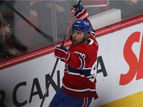 Montreal Canadiens left-winger Tomas Tatar celebrates his goal against the Boston Bruins in Montreal on Nov. 5, 2019.