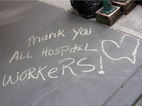A sidewalk message written in chalk in New York City. "My daughter the doctor is risking her life at the centre of the epicentre," Leila Basen says.