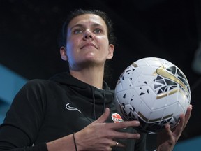 Canadian soccer player Christine Sinclair smiles during a media availability in Vancouver, B.C. on Feb. 11, 2020.