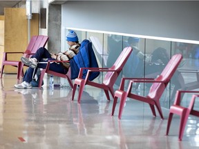 A small section of the lobby area in the Grande Bibliotheque has been turned in to a lounge where people can rest, use the free wifi and spend as much time as they wish, in Montreal, on Wednesday, April 29, 2020.