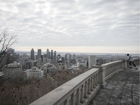 The lookout atop Mount Royal on March 19, 2020: A lone jogger in the quiet.