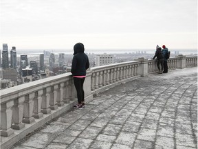 Looking at the Montreal skyline from the Mount Royal lookout.