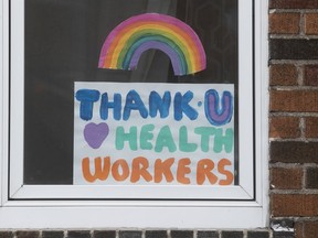 A sign says thank you to health care workers on Marcil street in NDG on Friday April 17, 2020.