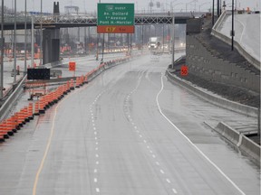 Fewer cars means less pollution: A near-empty Highway 20 westbound in Montreal is seen as the city dealt with the coronavirus pandemic on Monday, March 30, 2020.