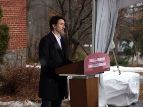 Canadian Prime Minister Justin Trudeau speaks during a news conference on COVID-19 situation in Canada from his residence March 29, 2020 in Ottawa, Canada. (Photo by Dave Chan / AFP)