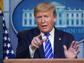 U.S. President Donald Trump speaks during the daily briefing on the novel coronavirus, which causes COVID-19, in the Brady Briefing Room of the White House on April 23, 2020, in Washington, DC.