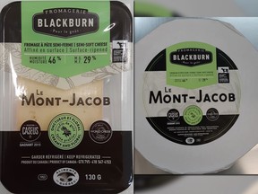 A recall targets Mont-Jacob semi-soft cheese sold mostly in Quebec and bearing best before dates of June 5, 2020, June 16 2020 and June 25, 2020.