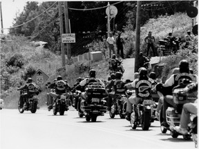 Sherbrooke Hells Angels arrive at the Lennoxville clubhouse for the 1992 World Run.
