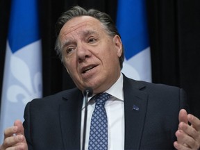 Quebec Premier François Legault speaks during a news conference on the COVID-19 pandemic on Wednesday, April 15, 2020 at the legislature in Quebec City.