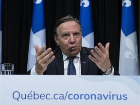 Quebec Premier François Legault during a news conference on the COVID-19 pandemic April 17, 2020.