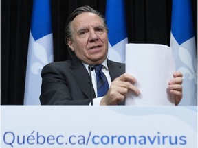 Quebec Premier François Legault is seen at news conference on the COVID-19 pandemic, Thursday, April 23, 2020 at the legislature in Quebec City.