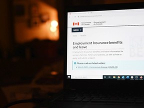 CP-Web. The employment insurance section of the Government of Canada website is shown on a laptop in Toronto on April 4, 2020. The federal government is looking at ways to speed-up the introduction of skills-training help for out-of-work Canadians, say groups involved in helping implement the program. THE CANADIAN PRESS/Jesse Johnston ORG XMIT: JFJ301