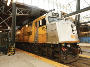 A Via Rail train that was bound for Montreal sits on the tracks at Union Station in Toronto on March 28, 2020.