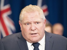 Ontario Premier Doug Ford answers questions during the daily briefing on the COVID-19 pandemic at Queen's Park in Toronto on Thursday April 2, 2020.