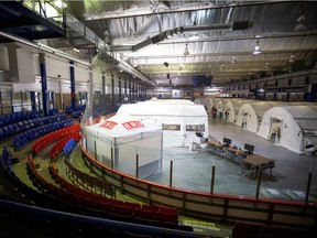 A mobile hospital in partnership with the Canadian Red Cross is set up in LaSalle's Jacques-Lemaire Arena to help care for patients with the coronavirus disease (COVID-19) from long-term centres (CHSLDs), in Montreal on Sunday, April 26, 2020.