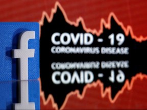 A 3D printed Facebook logo is seen in front of displayed coronavirus disease (COVID-19) words in this illustration taken March 24, 2020. Picture taken March 24, 2020. REUTERS/Dado Ruvic/Illustration/File Photo