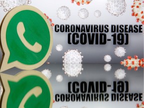 FILE PHOTO: A 3D-printed Whatsapp logo is seen in front of displayed coronavirus disease (COVID-19) sign in this illustration taken March 19, 2020. REUTERS/Dado Ruvic/Illustration/File Photo
