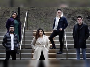 McGill University medical students Tarsan Sangarapillai, bottom left, Vithushaa Panchadcharam, top left, Minuoja Chandramohan, centre, Dillon Lee, top right and Dean Noutsios. The five, practising social distancing in this photo, are involved with Helping Hands, a medical student initiative. Members of the team not shown are Maria Giannoumis, Ranuka Sivanathan, Nardin Farag, Noémie Sauvé and Faizan Mansoory.