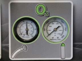 Gauges to regulate oxygen on a ventilator are seen at a lab run by the University Health Network in Toronto, May 24, 2019.