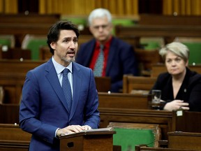 Prime Minister Justin Trudeau speaks in the House of Commons in Ottawa on Saturday, April 11, 2020.