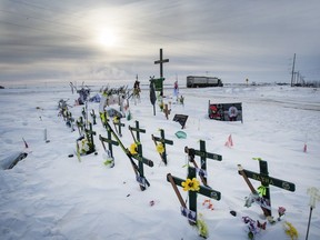 The memorial for the Humboldt Broncos hockey team at the site where sixteen people died and thirteen injured when a truck crashed into the team bus Wednesday, January 30, 2019, in Tisdale, Sask. The second anniversary of a devastating Saskatchewan bus crash will be a quiet one for the families involved because of the COVID-19 pandemic.THE CANADIAN PRESS/Ryan Remiorz