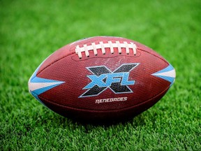 A view of an XFL football on the field before the game between the Dallas Renegades and the St. Louis Battlehawks at Globe Life Park.