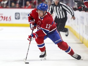 Montreal Canadiens' Max Domi handles the puck during game against the Chicago Blackhawks in Montreal on Jan. 15, 2020.