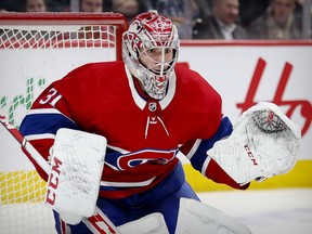 Montreal Canadiens' Carey Price watches the action during game against the Anaheim Ducks in Montreal on Feb. 6, 2020.