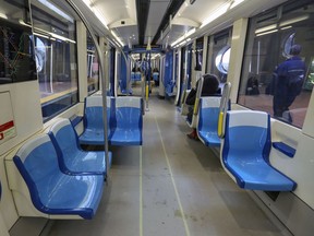 A near-empty Metro car leaving the Angrignon station in Montreal Monday March 16, 2020. (John Mahoney / MONTREAL GAZETTE)