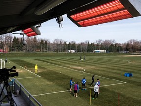 Montreal Impact players practise at Centre Nutrilait on April 25, 2017. Montreal's public-health authority has denied the club permission to reopen its training facility for individual player workouts.
