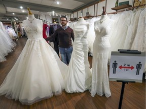 Michael Langlois in the wedding and prom section of the store he co-owns in Granby, east of Montreal Monday May 4, 2020.  Stores outside of the greater Montreal area were allowed to open for the first time since the coronavirus lockdown.  (John Mahoney / MONTREAL GAZETTE) ORG XMIT: 64341 - 1665