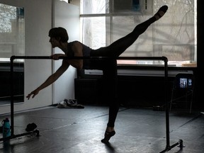 Samaël Maurice takes an online ballet class in Montreal on May 11, 2020. The Montreal dancer trains at the Ellison Ballet School in New York, but returned home after dance schools shut down because of the COVID-19 pandemic.