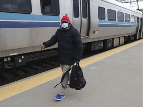 Very few commuters got off the Two Mountain train at Bois Franc station on Monday, May 11, 2020.